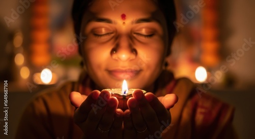 Woman holding a lit diya with eyes closed