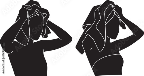 Two figures in silhouette drying their hair with towels after bathing or showering silhouette