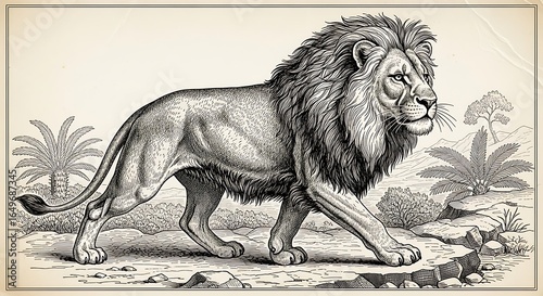 Detailed Engraving of a Majestic Lion Walking Across Rocky Terrain