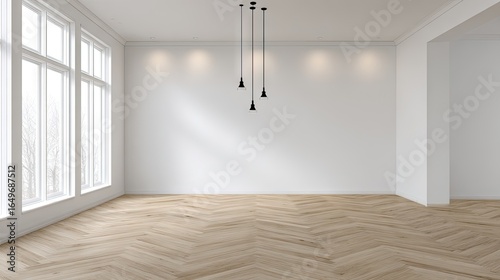 Empty room with herringbone parquet floor and large windows.