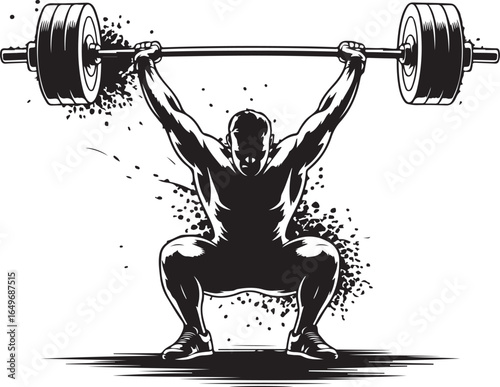 Dynamic illustration of a weightlifter squatting with a barbell and splashing effects Keywords