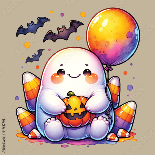 Cute Halloween Ghost Holding a Pumpkin with Bats and a Balloon