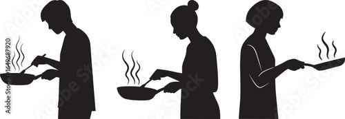 Three women cooking in a kitchen with steam rising from pans silhouette