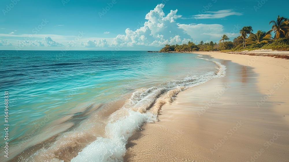 Obraz premium Nature’s Canvas: Stunning Photography of Beach Natural Scenery – Golden Sands Meeting Turquoise Tides, Driftwood Scattered Along the Shore, Seashells Glinting in Sunlight, and Dunes Adorned with Coast