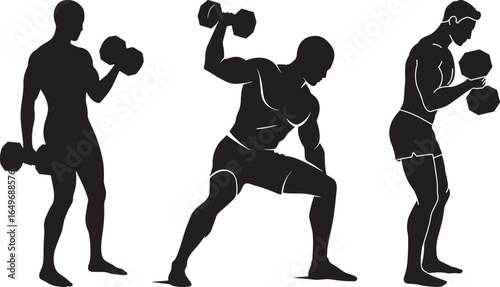 Three athletic men performing dumbbell exercises in a dynamic silhouette