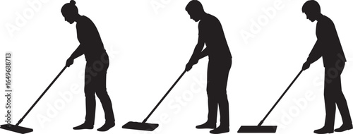 Three figures in silhouette sweeping the floor with brooms silhouette