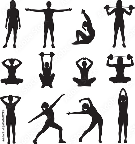 Collection of female fitness silhouettes in various yoga and exercise poses woman