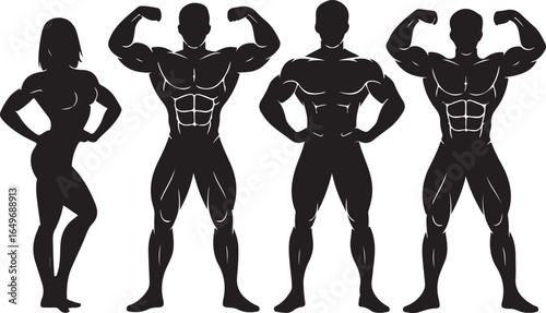 Silhouettes of fit men and women bodybuilders showcasing muscular physiques male female