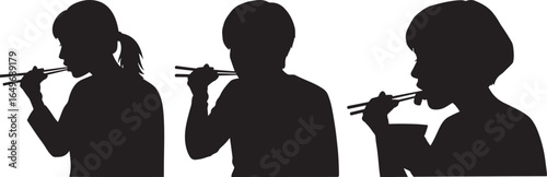 Three people in silhouette eating with chopsticks against a white background silhouette