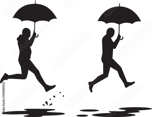 Two men running with umbrellas through puddles in a silhouette style