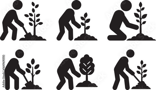 Six stylized figures planting trees in a sequence silhouette