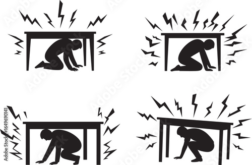 Four silhouettes of people taking cover under tables during an earthquake
