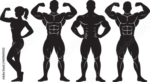 Black silhouettes of muscular male and female bodybuilders flexing muscles on white background vector