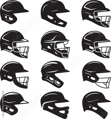 Baseball batting helmets in various styles and angles on white background sport safety