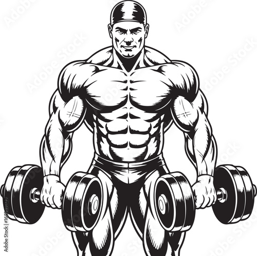 Muscular man with bandana lifting dumbbells in black and white illustration bodybuilding fitness