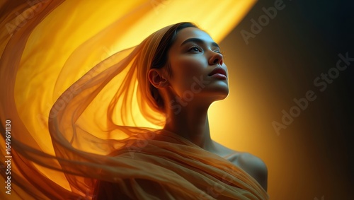 Ethereal Portrait of Young Woman Wrapped in Flowing Fabric – Golden Light and Dreamy Aesthetic