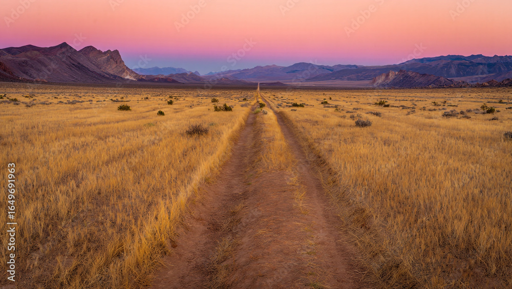 Desert Road Leading to Mountains at Sunset with Vibrant Pink and Orange Sky Peaceful Landscape View Desert Road Leading to Mountains at Sunset with Vibrant Pink and Orange Sky Peaceful Landscape View