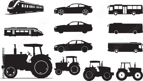 Collection of diverse transportation vehicle silhouettes including trains cars buses and tractors silhouette