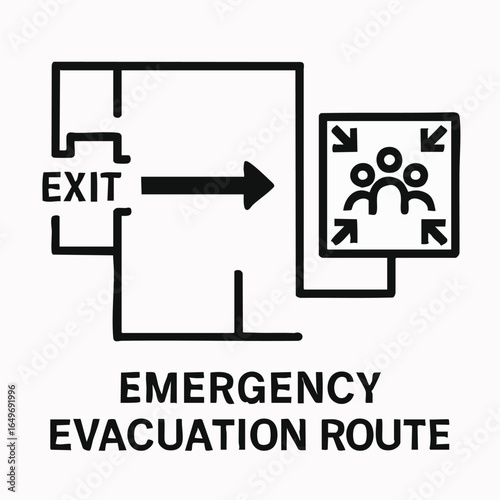 A clear black and white icon illustrating an emergency evacuation route, showing the exit, directional arrow, and a safe assembly point for people.