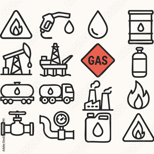 A diverse collection of minimalist outline icons illustrating various aspects of the oil, gas, and energy sectors, from extraction to transportation and safety.