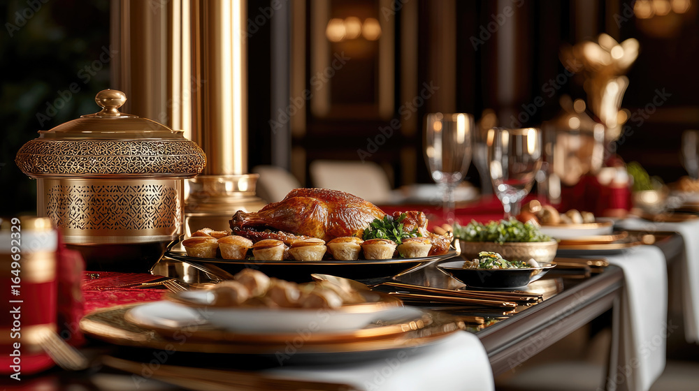 Fototapeta premium Luxurious festive dinner table with roast chicken
