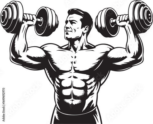 Muscular man lifting dumbbells in black and white illustration athletic bodybuilder