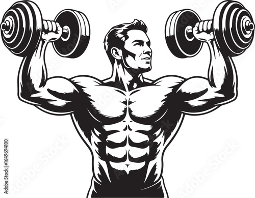 Muscular man lifting dumbbells in black and white illustration athletic bodybuilder
