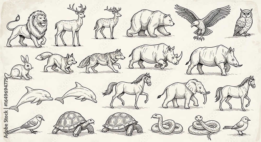 Naklejka premium Diverse animal sketches: Lion, deer, bear, eagle, owl, rabbit, wolf, rhino, dolphin, horse, elephant, turtle, snake, bird