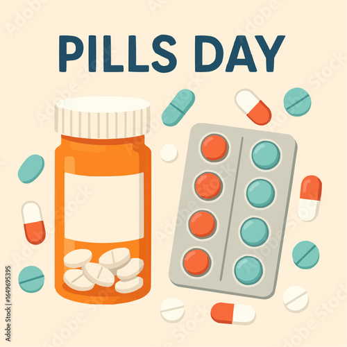 Colorful medicine bottle and pills for Pills Day illustration  