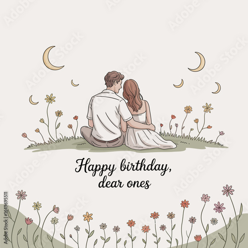 A beautiful illustration depicting a couple sitting intimately on grass, surrounded by flowers and moons, symbolizing love, connection, and special moments celebrating relationships.