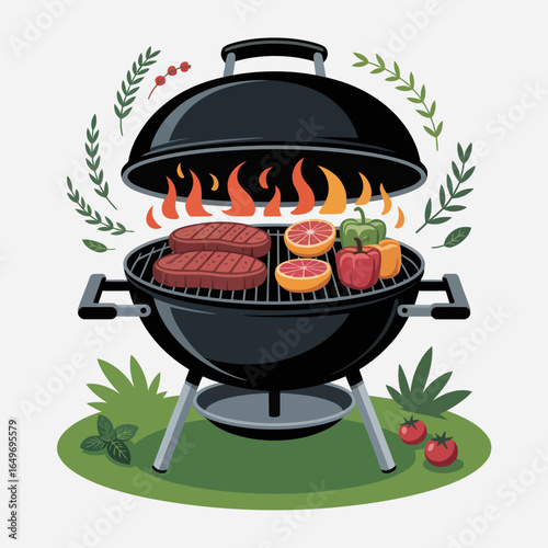 A vibrant grilling scene featuring sizzling meats, colorful vegetables, and flames, perfect for showcasing excellent outdoor cooking and barbecue experiences.