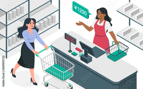 A cheerful customer pushes a shopping cart towards the cashier in an inviting grocery store, illustrating the convenience of modern shopping experiences.