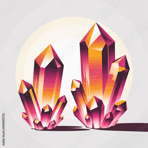 This vivid illustration showcases a stunning cluster of pink and orange crystals, capturing the beauty of natural formations and their enchanting play of light and color.