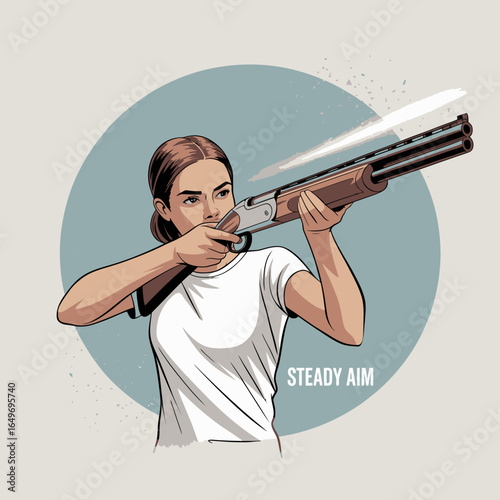 This digital artwork features a determined young woman in a focused shooting stance, demonstrating steadiness and skill, representing confidence and marksmanship in shooting sports.