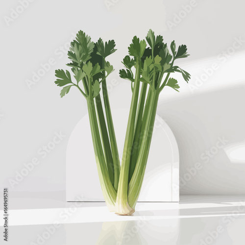 A vibrant display of fresh celery stalks showcased in a modern setting, emphasizing their crisp texture and natural appeal, perfect for food lovers and healthy culinary enthusiasts.