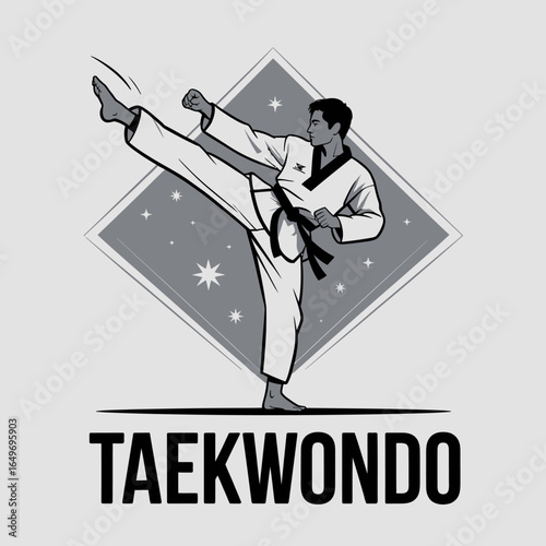 A strong figure performing a high kick in Taekwondo attire, showcasing athleticism and discipline, perfect for martial arts-themed projects and promotions on stock platforms.