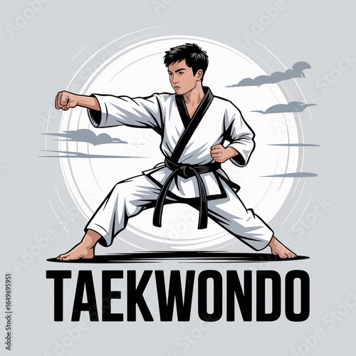 This image shows a young male martial artist in a traditional taekwondo stance, emphasizing focus and discipline in a vibrant and illustrative manner.