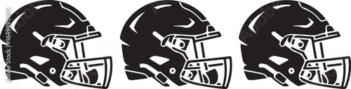 Three American football helmets in a row on a white background sport equipment