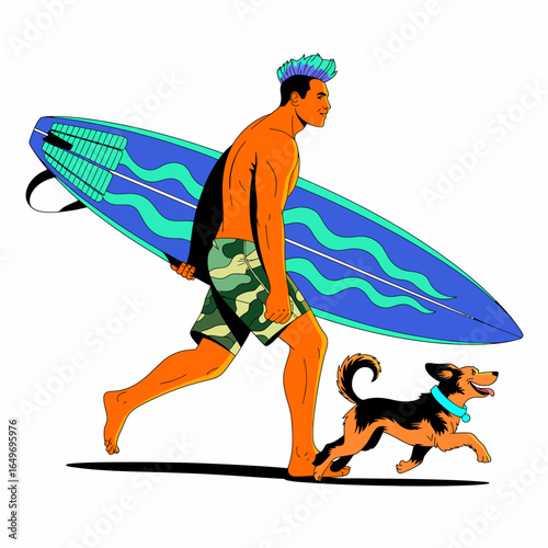 A dynamic scene of a surfer carrying a surfboard alongside a playful dog, perfectly capturing the essence of beach life, companionship, and outdoor adventure.