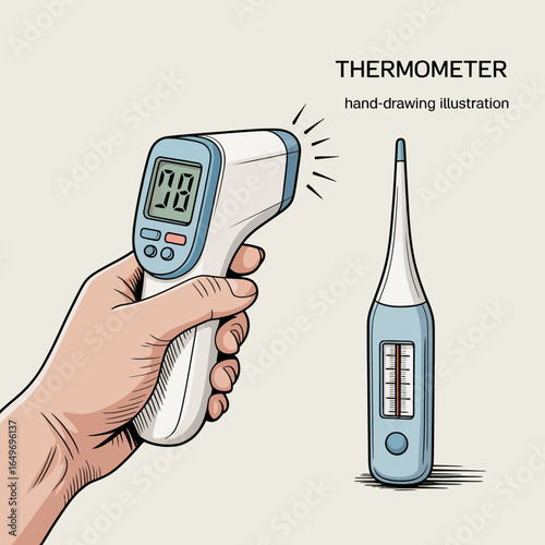 An illustration of a digital thermometer held hand, ideal for quick temperature checks, featuring a sleek design that symbolizes modern healthcare technology for home and medical use.