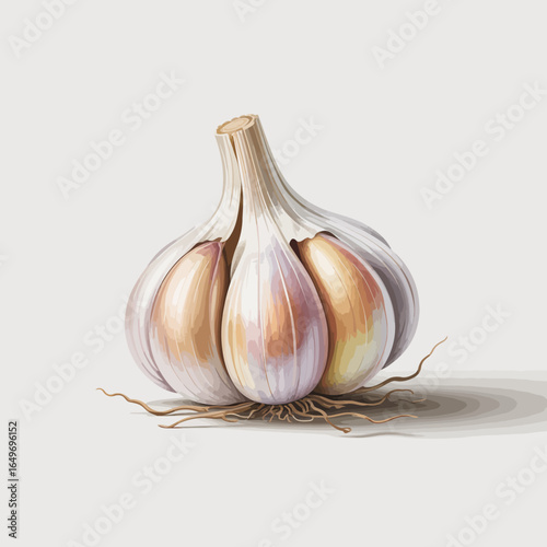 An intricately detailed painting of a garlic clove, capturing its textures and hues, symbolizing health, flavor, and culinary elegance in modern cuisine.