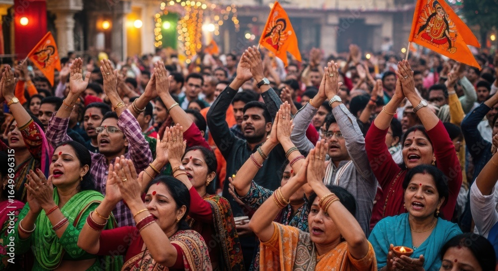 Fototapeta premium Devotees Gather for Religious Ceremony Raising Hands in Prayer