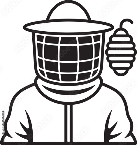 Beekeeper wearing protective suit and veil with beehive icon apiarist beekeeping