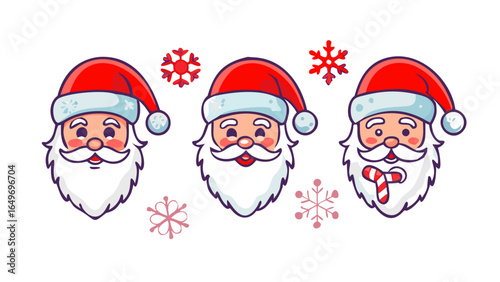 Santa Claus Icon Set: Christmas Faces with Candy Cane Snowflake