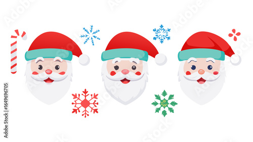 Santa Claus Icon Set: Christmas Faces with Candy Cane Snowflake