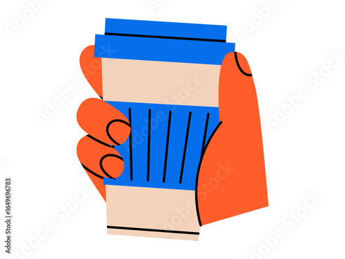 Hand drawn cute illustration hand with coffee cup. Flat vector hot takeaway drink doodle. Cardboard disposable mug in arm. Breakfast beverage icon. Morning routine sticker. Delivery service. Isolated.