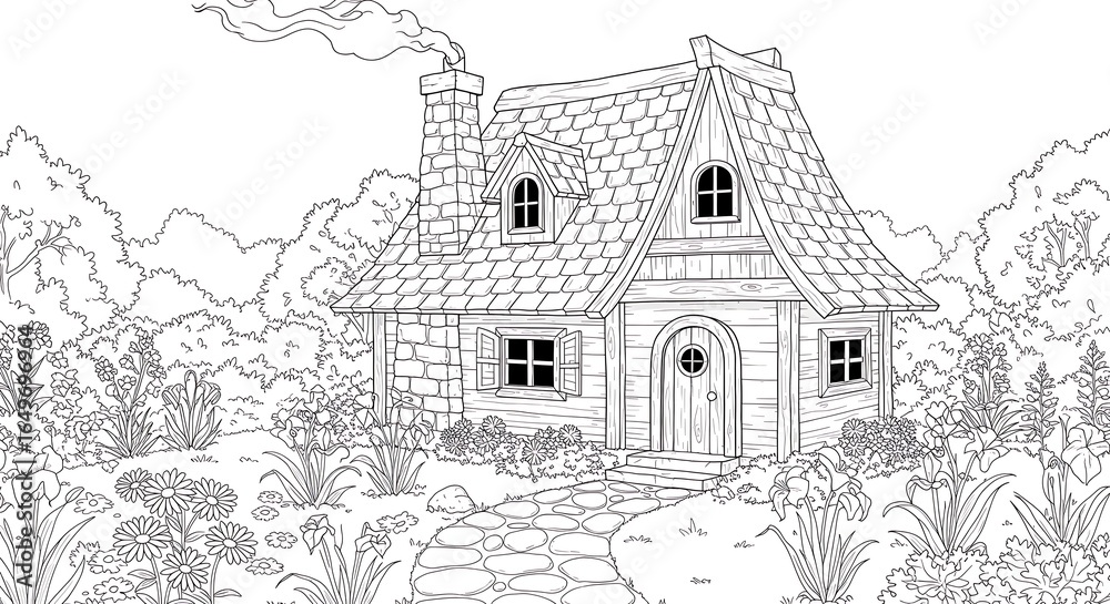 Naklejka premium Enchanting Fairytale Cottage Amidst Lush Garden