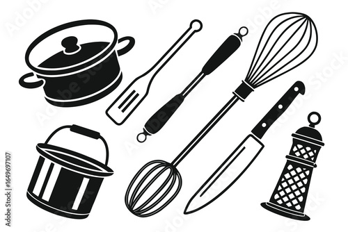 Collection of hand drawn kitchen utensils and cooking tools