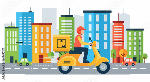 Delivery Person Riding Yellow Scooter with Package in Urban Cityscape.