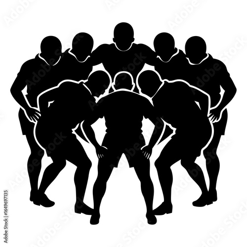 Football team huddle formation silhouette, unity and teamwork theme" vector black silhouette white background.

